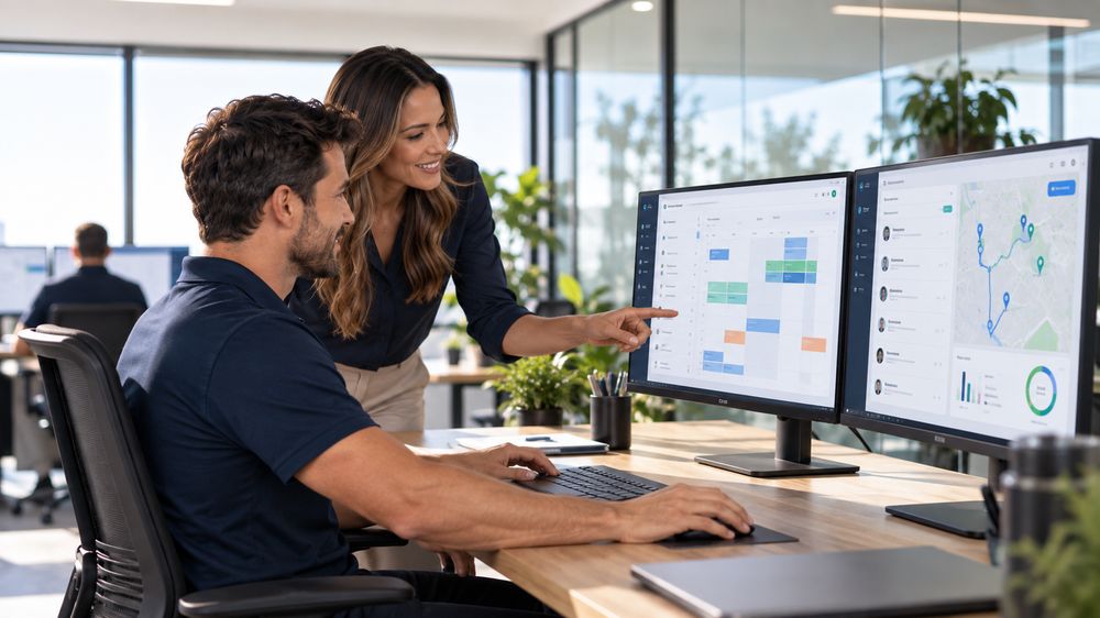 Duas pessoas configurando o sistema juntas no computador