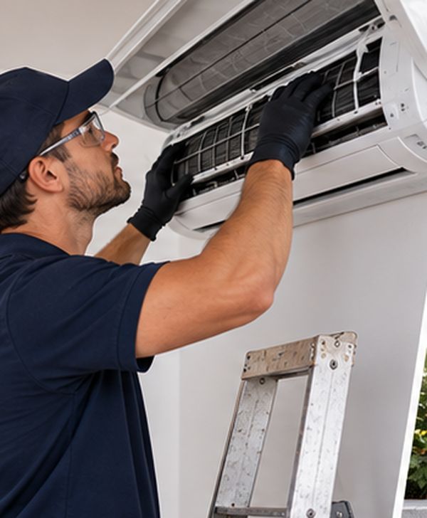 Técnico fazendo manutenção em ar-condicionado