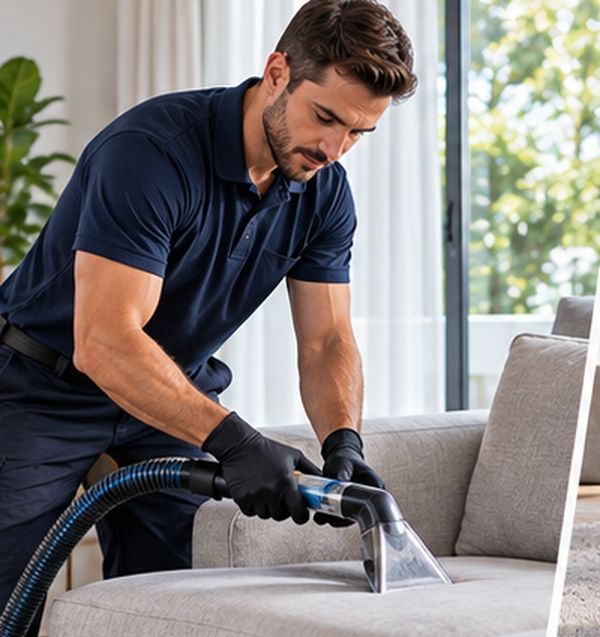 Profissional higienizando um sofá