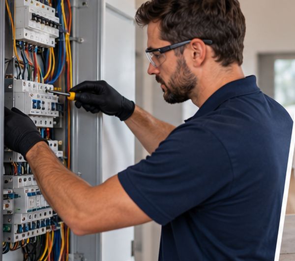Eletricista trabalhando em quadro elétrico